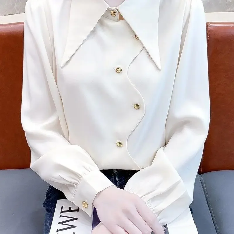 Рубашка-поло женская однотонная с длинным рукавом модная блуза в простом стиле