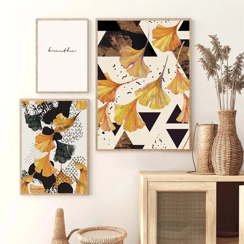 

Gold Ginkgo Biloba Plant Leaf Wall Art Canvas Painting Nordic Poster Print Landscape Living Room Decoration Home Decor Picture