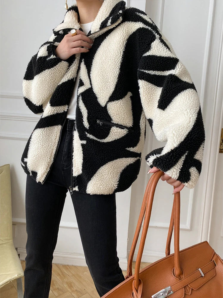 

Mozuleva Granular Pile Wool Coat 2022 Autumn Winter Stand Collar Irregular Geometric Coat Women Thick Warm Fleece Jacket