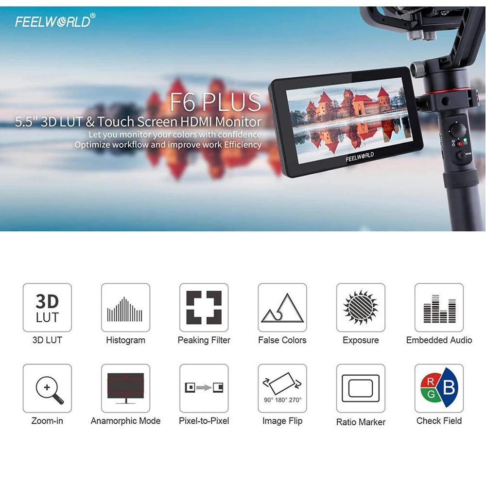 Фото FEELWORLD F6 Plus V2 6-футовый настольный зеркальный полевой монитор с сенсорным экраном и HDR 3D Lut IPS FHD 1920x1080 Видеофокус в сборе №5