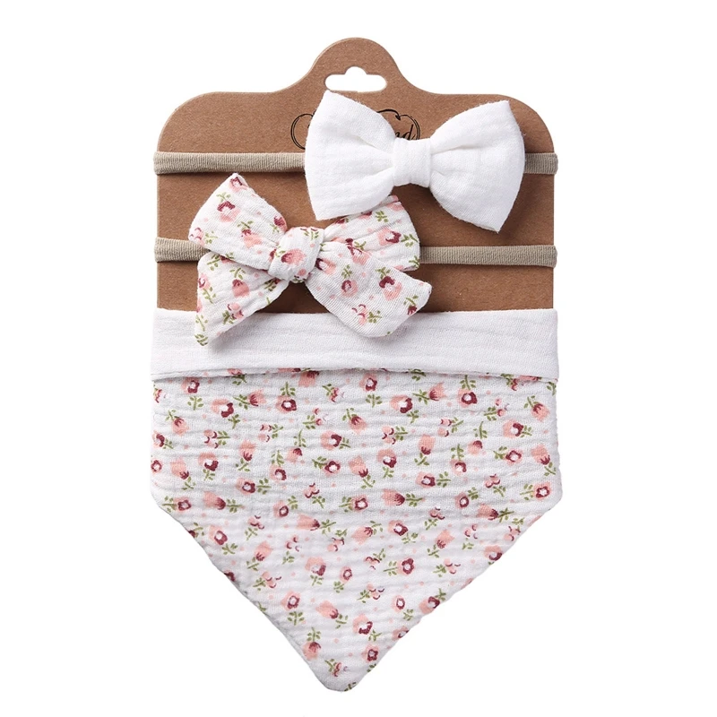 

3Pcs/Set Cotton Baby Bib Bow Headband Adjustable Button Triangle Saliva Towel 2022 New