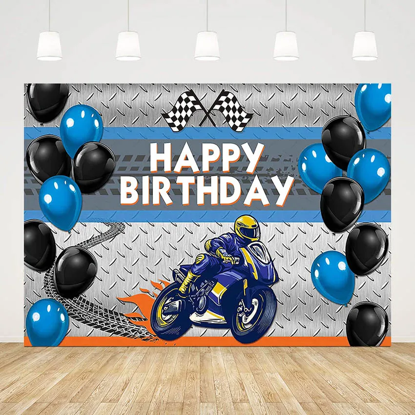 

Mehofond Motorcycle Race Theme Background Happy Birthday Car Boy Party Blue Black Balloon Banner Photography Backdrop Studio