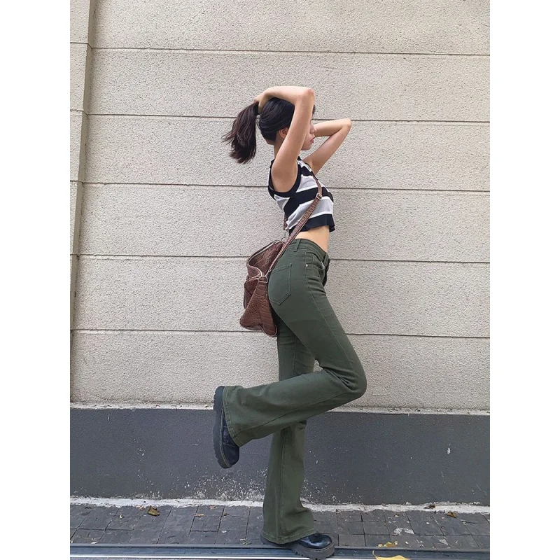 

Женские джинсы в стиле ретро, повседневные облегающие брюки-клеш с высокой талией, армейского зеленого цвета, Y2K, весна-осень 2023