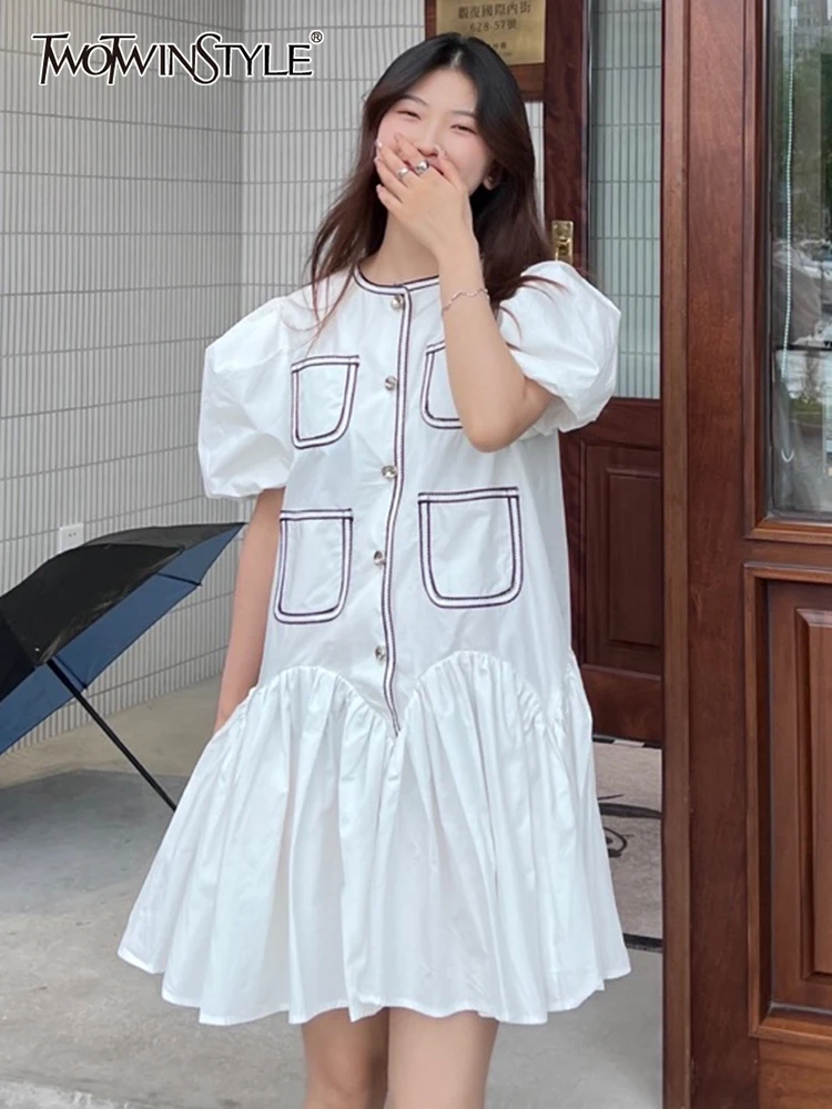 

Женское мини-платье с цветными вставками TWOTWIN, летнее платье с круглым вырезом и короткими рукавами-фонариками, 2022