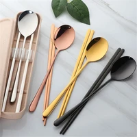 new style stainless steel food chopsticks spoon set long handle flat non slip chopsticks dessert spoon dinnerware set with box