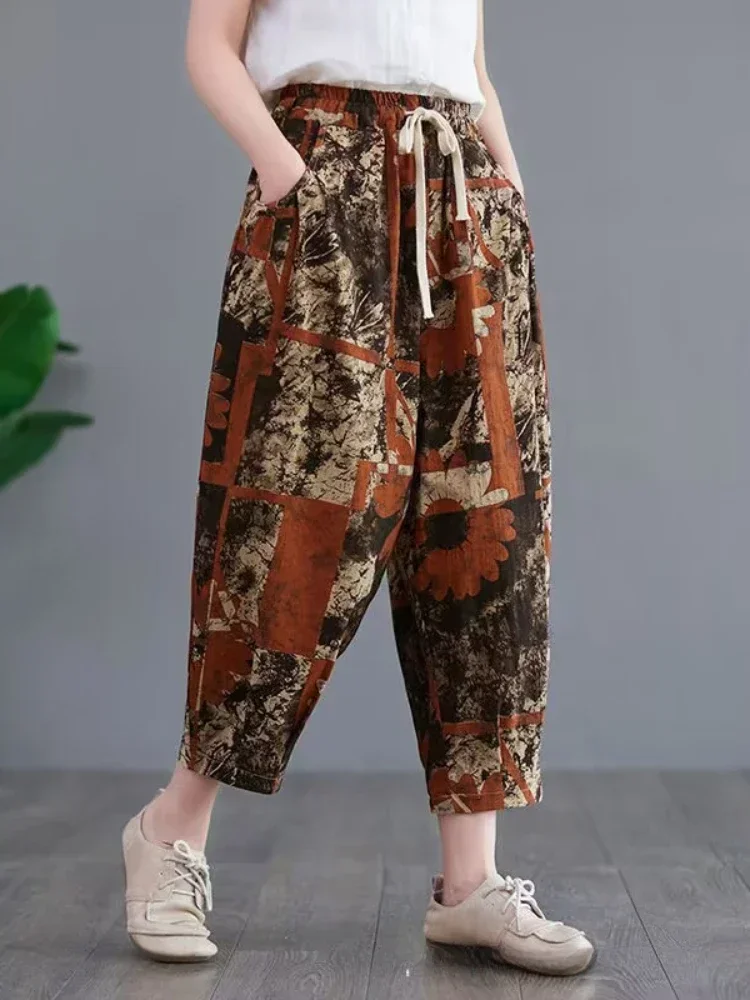 Модные хлопковые льняные шаровары с принтом для женщин лето 2024 повседневные