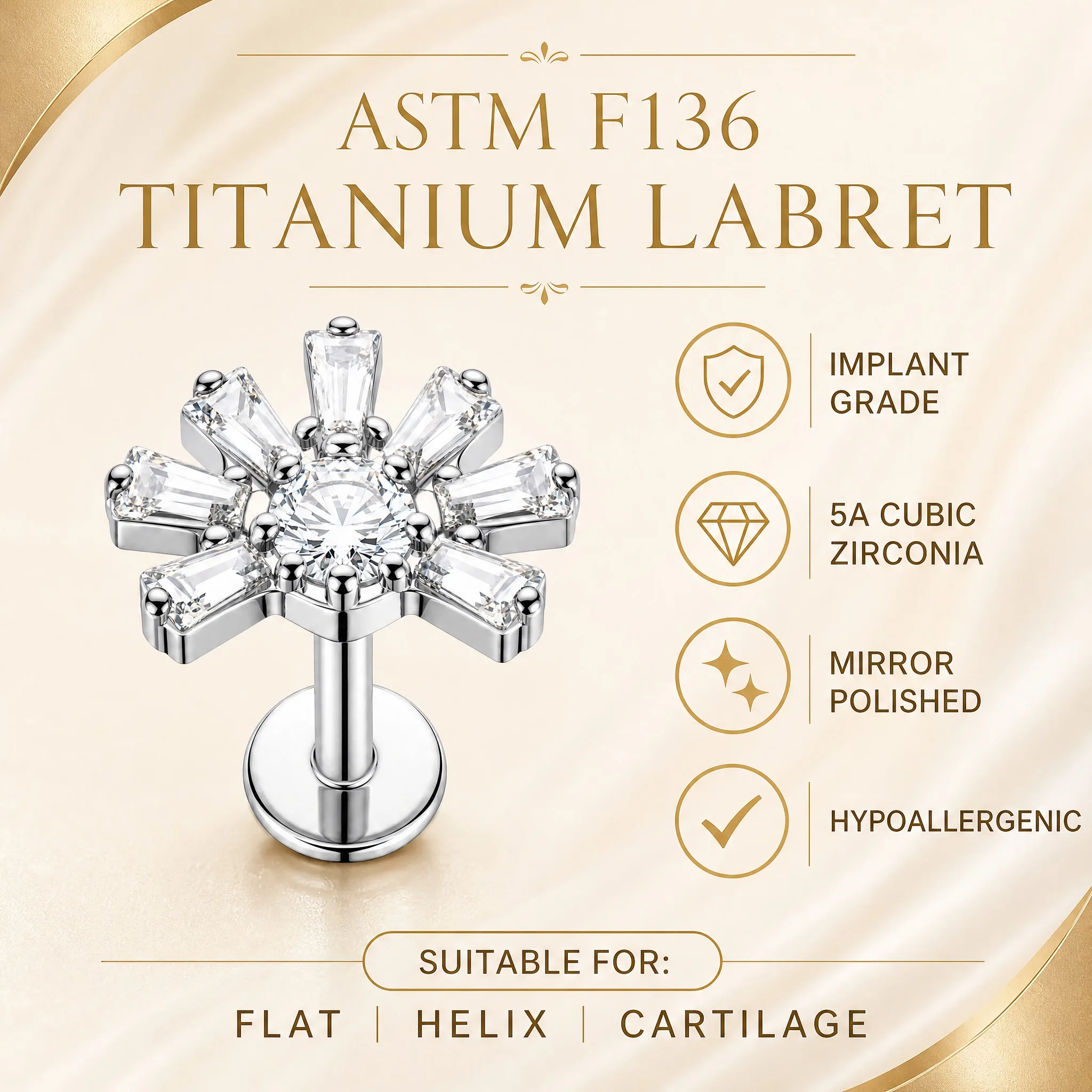 Фото Серьга-климбер ZOOR из титана ASTM F136 с квадратным фианитом, 16G, для пирсинга хеликса, трагуса, лабрета, с плоской задней частью, украшение для тела №5