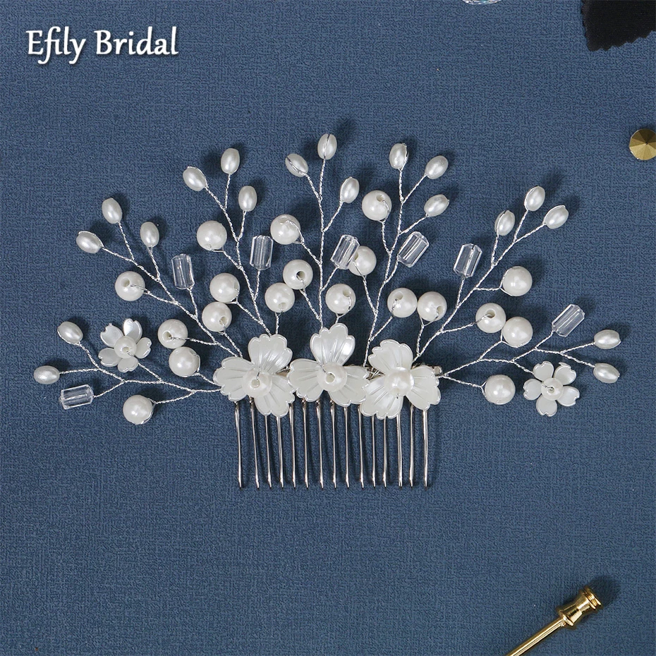 

Efily White Flower Bridal Hair Comb Pearl Crystal Wedding Hair Accessories Women Head Jewelry Bride Headpiece Bridesmaid Gift