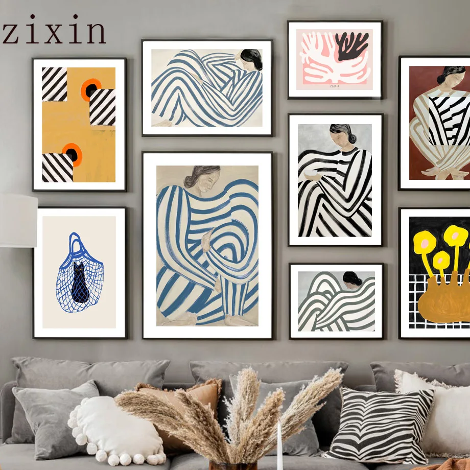 

AbstractPainting Line Curve Stripe Clothes Girl Cat Flower Wall Art Print Canvas Modern Nordic Poster Decor Picture For Bedroom