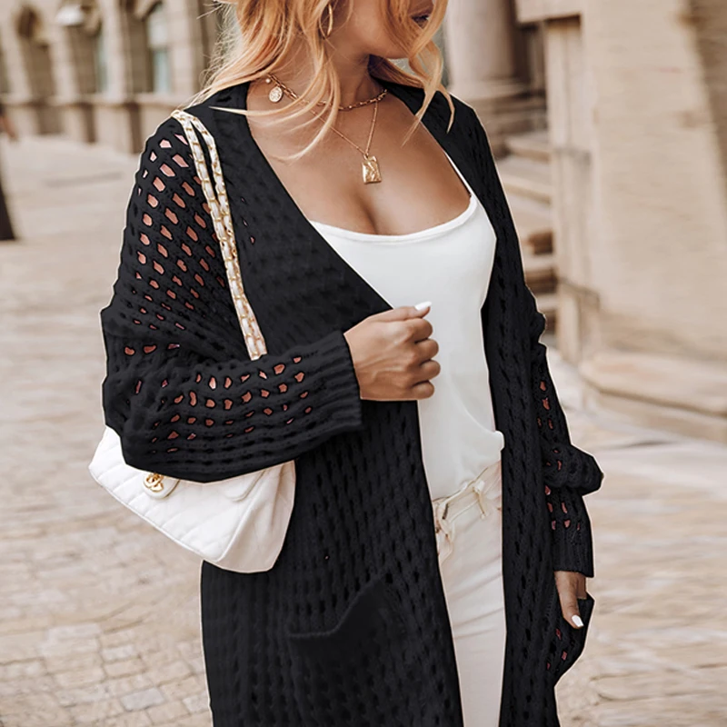 

Fall Casual Solid Hollow Knitting Sweater Coat Women Fashion Loose Open Stitch Top Cardigan Winter Long Sleeve Thin Jumper Mujer