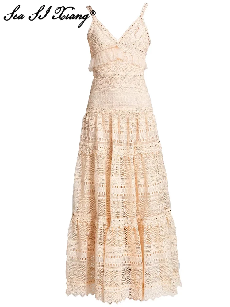 

Seasixiang Designer Summer Maxi Dress Women Spaghetti Strap V-Neck Backless Hollow Out Mesh Ruffles Elegant Party Long Dresses