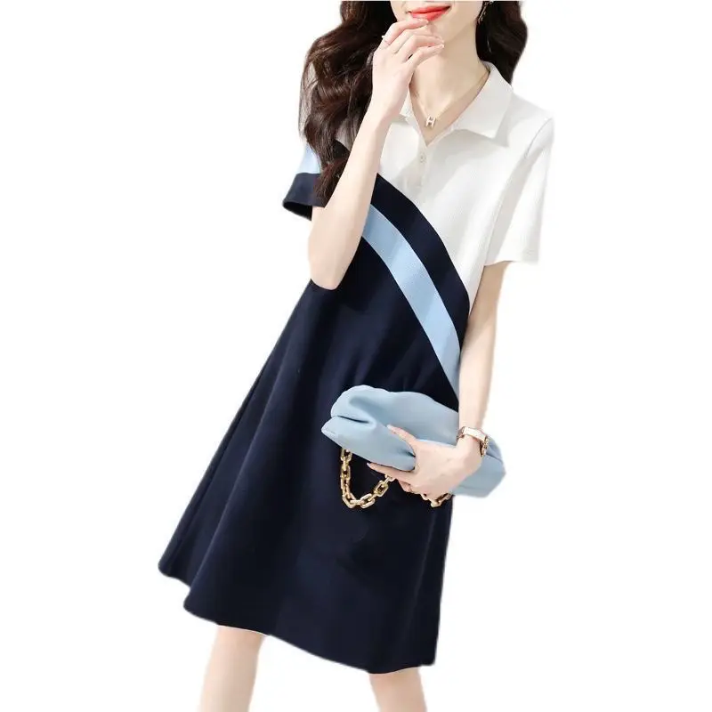 

2022 summer new women's fashion lapel stitching contrast casual loose slim waist slim knee-length dress