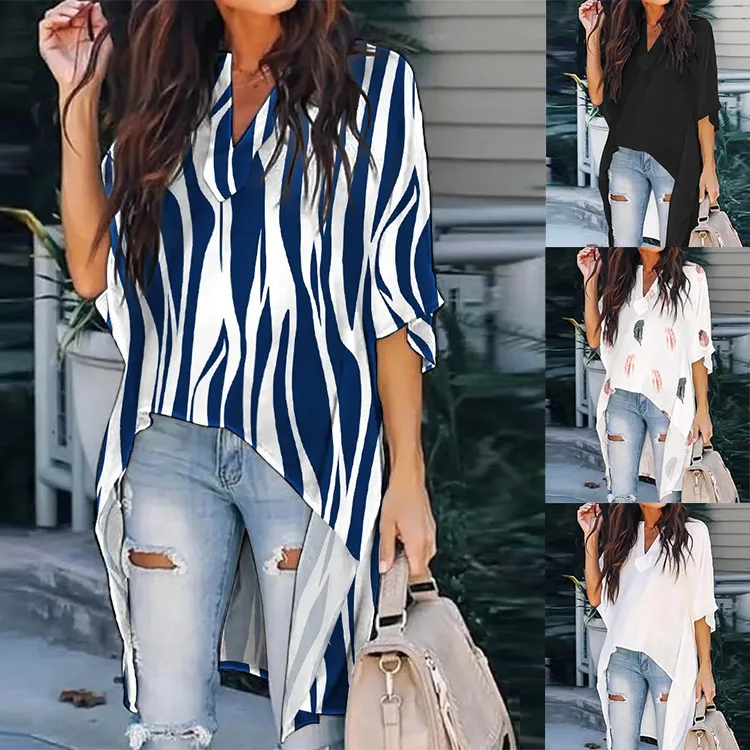 

2023 Summer Casual Fashion V-Neck Loose Bat Sleeve Top Front Short Back Long Irregular Shirt Women
