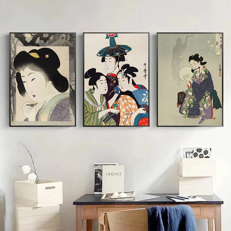 Винтажный японский традиционный рисунок укиё-э гейша самурайский постер холст