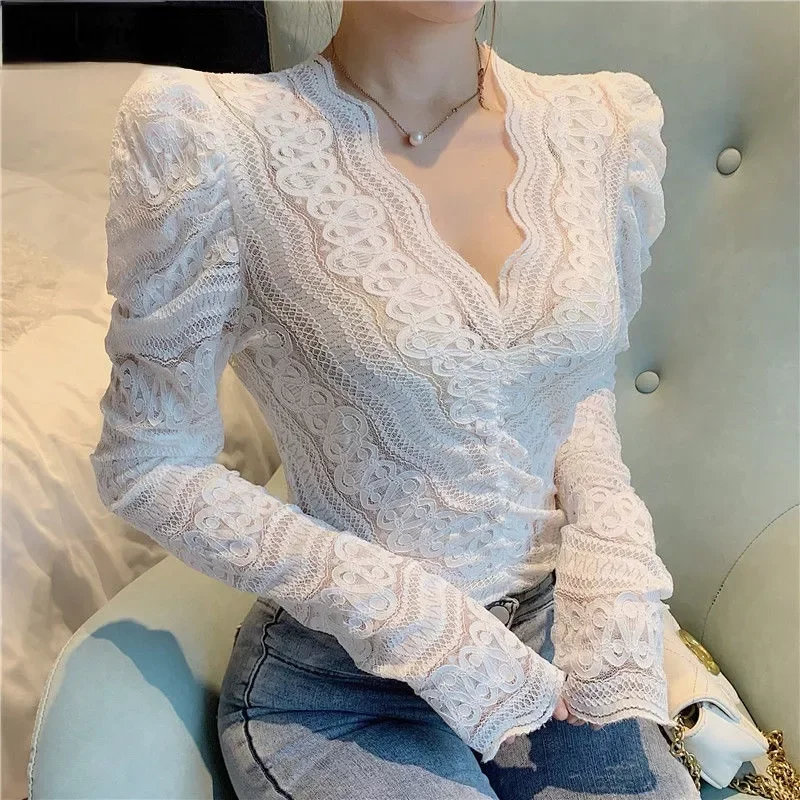 

Blouses Women Lace Temperament Autumn Female Slim Fit Solid Color Long Sleeve Tops Fashion Elegant Design Vintage Girlish Chic