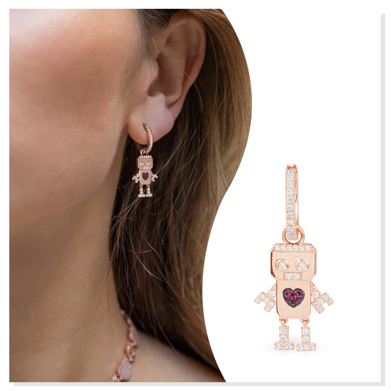 

925 Sterling Silver Zircon Earrings Robot Rose Gold 2022 New Valentine's Day Gifts Fashion Niche High Quality Funny Boutique