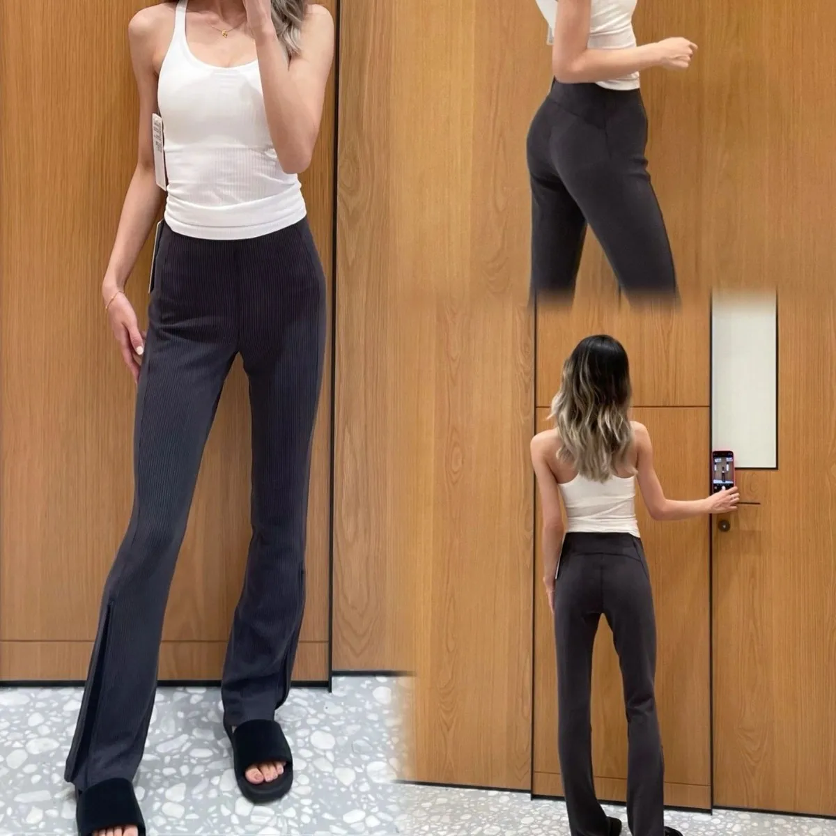 Фланелевые узкие брюки для йоги с расклешенной молнией в рубчик и высокой талией