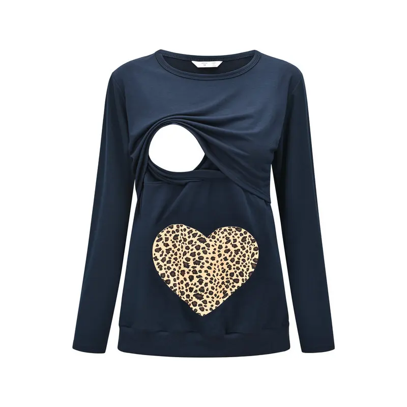 

2022 Long Sleeve Pregnant Women T-shirts Leopard Love Heart Breastfeeding Clothes Maternity Shirts Cotton Nursing Plus Tee Tops