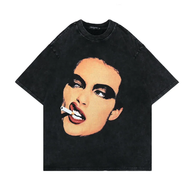 

Figure Print Hip Hop T-shirt Men's and Women's Washing Water Vintage Cotton Clothing Short Sleeve Punk Casual Oversize T-shirt