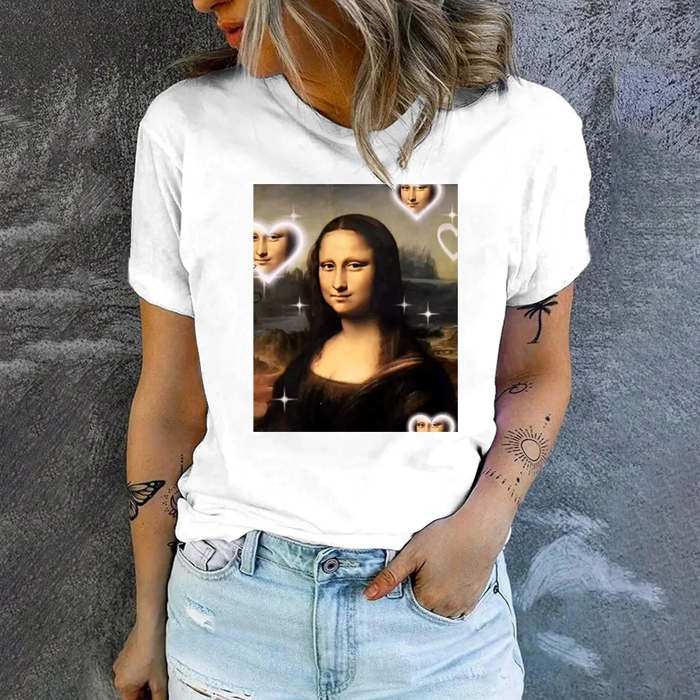 Модная летняя женская футболка с рисунком Моны Лизы вязаный трикотажный топ