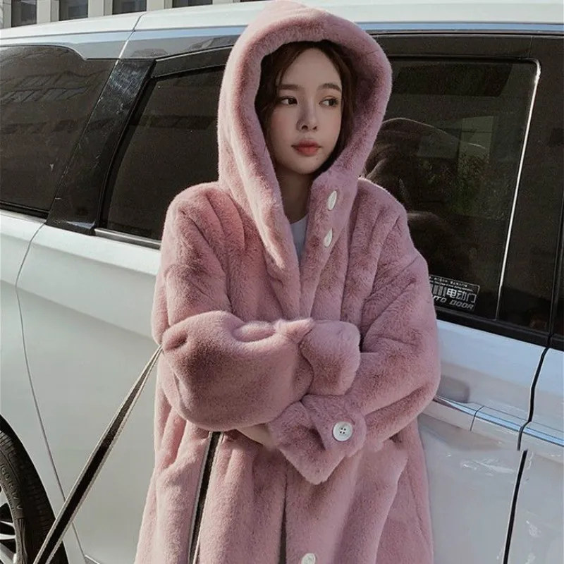 Faux Fur Coat Women's Casual Korean Sweater Furry Thick Sleeves To Keep Warm, Long Faux Rabbit Fur Loose Winter White Fur Coat