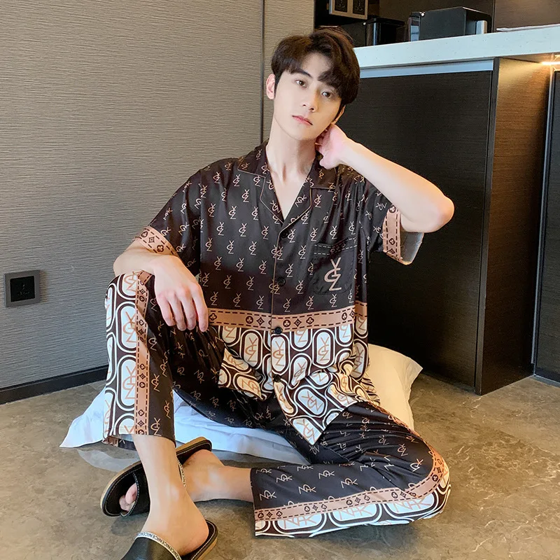 New Pajamas Couples Matching Summer Short-sleeved Printing Sleepwear Loose and Casual Home Suit Loungewear with Turn-over Collar