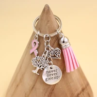10pc wholesale breast cancer awareness pink ribbon tassel key chain keyring heart life tree never give up charm keychain jewelry