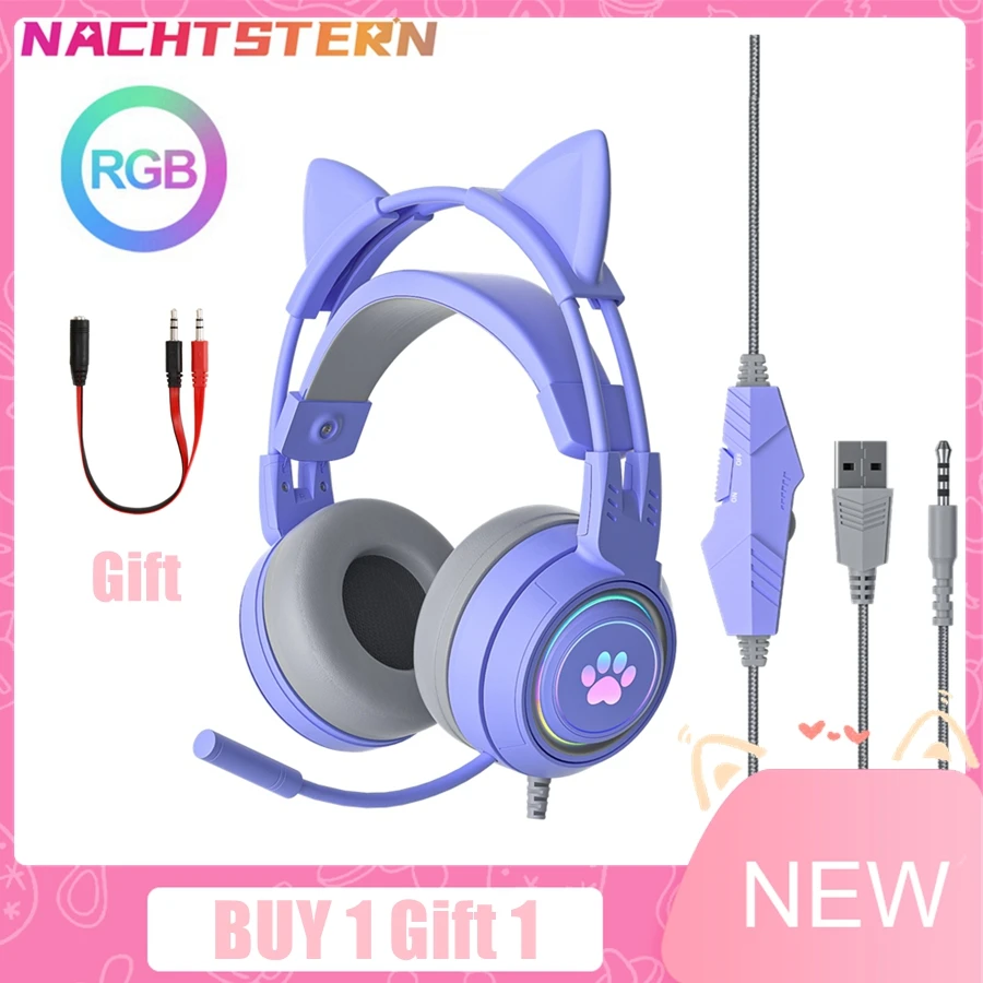 Nachtstern Purple Girls Wired Headphone with Mic RGB Noise Reduced Stereo PC Headset Helmet Gamer for PS4 Xbox Tablet Girl Gift