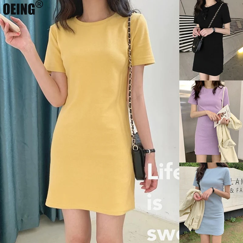 

All Season Solid Mini Dress Straight Vintage All-match O-Neck Slim Bottoming T-shirts Dresses for Women 2022 Vestidos Female Y2k