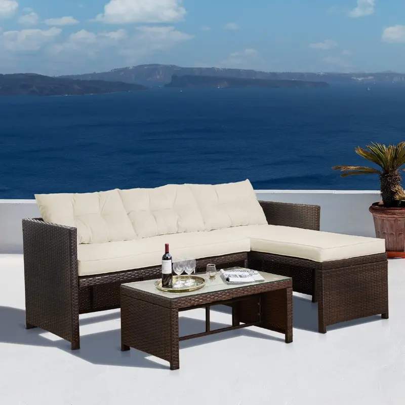 

3-Piece Rattan Patio Set with Loveseat, Chaise Lounge, Table, /White