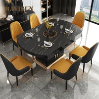 Practical Black And White Rock Plate Long Dinner Table For Small Living Room Home Furniture Set 6 Chairs Loft Inside