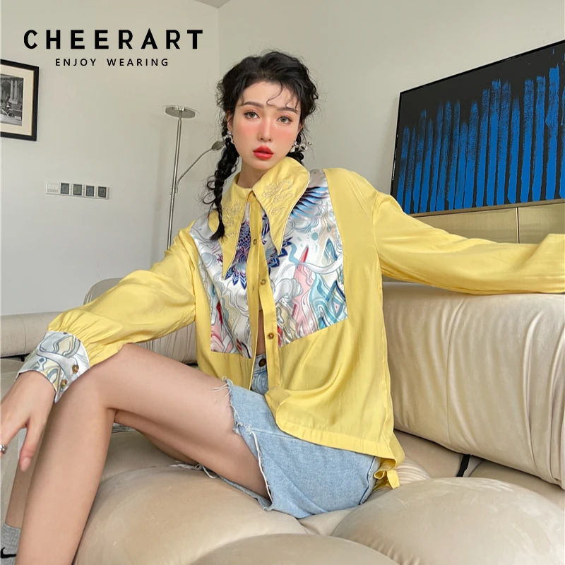 

CHEERART Spring 2022 Womens Fashion Yellow Patchwork Button Up Shirt Long Sleeve Collared Blouse Lantern Sleeve Designer Top