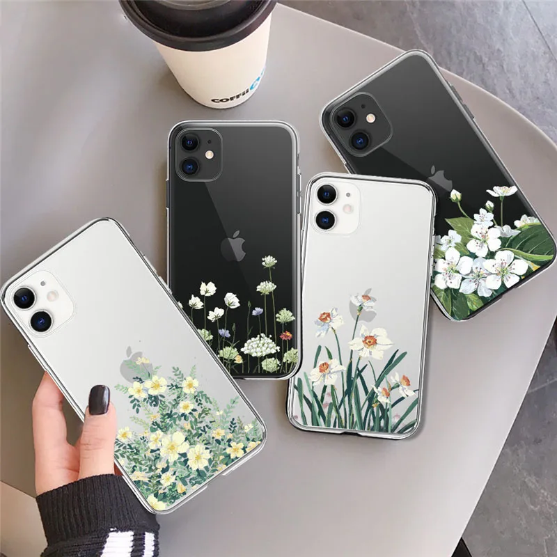 

Transparent Painted Flowers Plant Case For iPhone 13 Pro Max 12 11 XR XS X 7 8 6 6S Plus 5 5S SE 2020 Soft Silicone Clear Cover