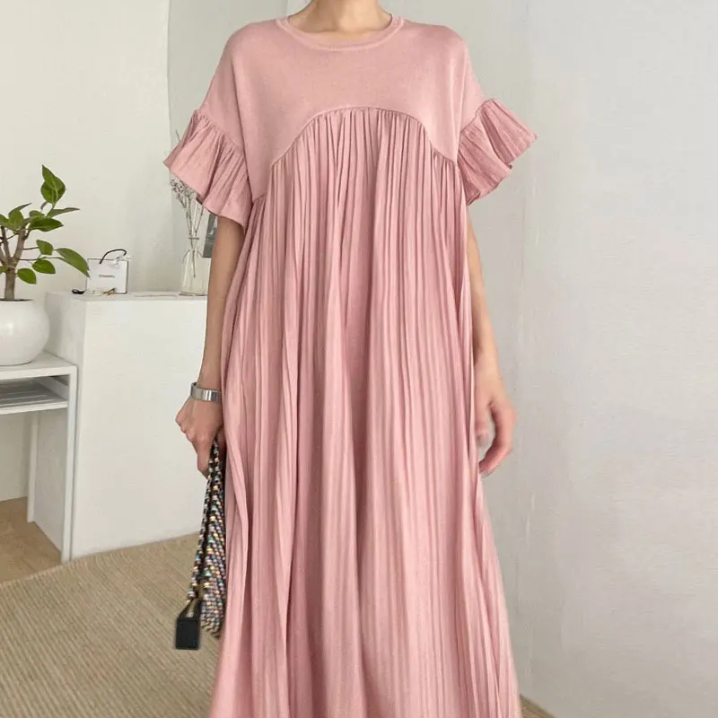 

SuperAen 2022 Summer O Neck Patchwork Pleat Design Flying Sleeve A-LINE Casual Flounced Edge Dress for Women