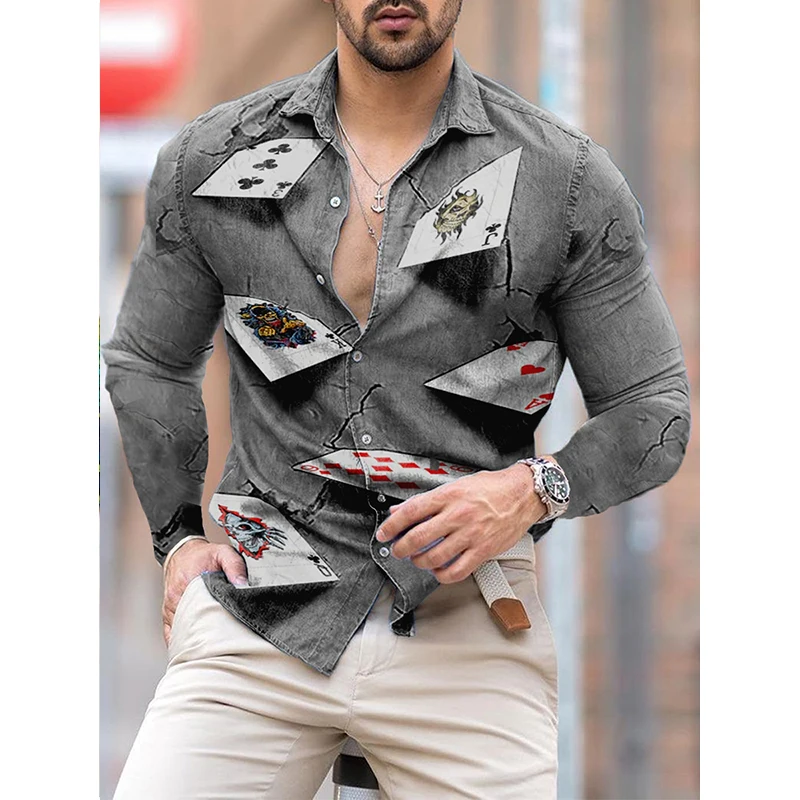 

Luxury Fashion Men Shirts Oversized Casual Shirt Poker Print Long Sleeve Tops Men's Clothing Party Cardigan Blouses High Quality