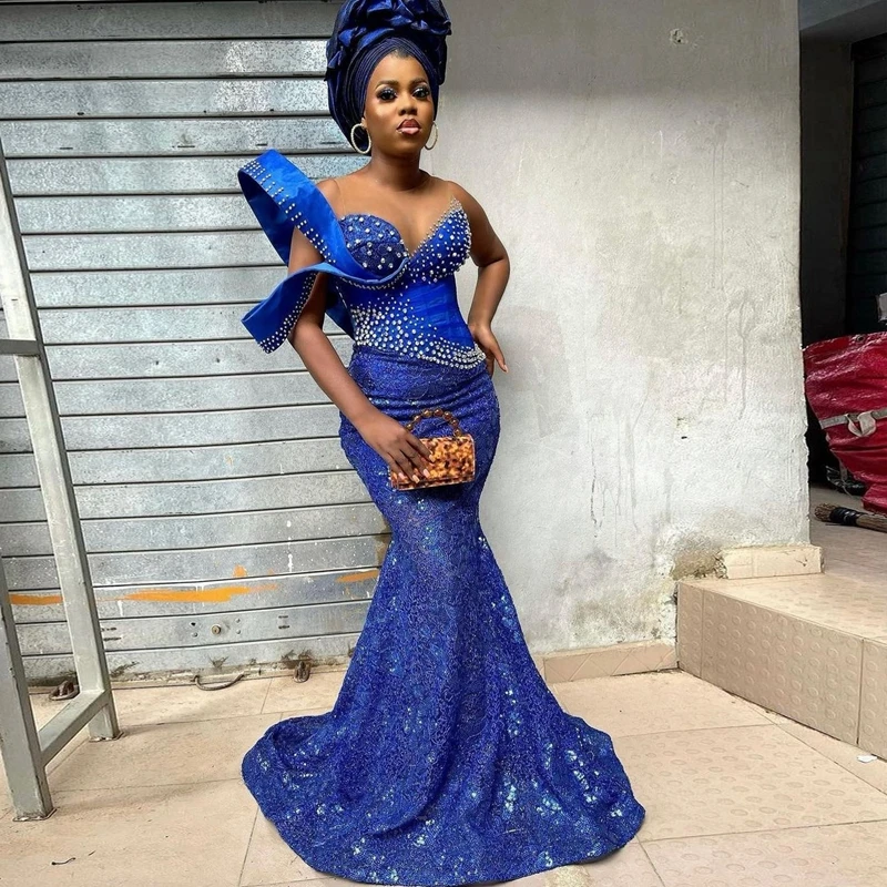 

Unique Crystals Mermaid Evening Dress Blue Lace Appliques Aso Ebi Formal Party Dresses Custom Made African Gownsفستان سهرة نسائي