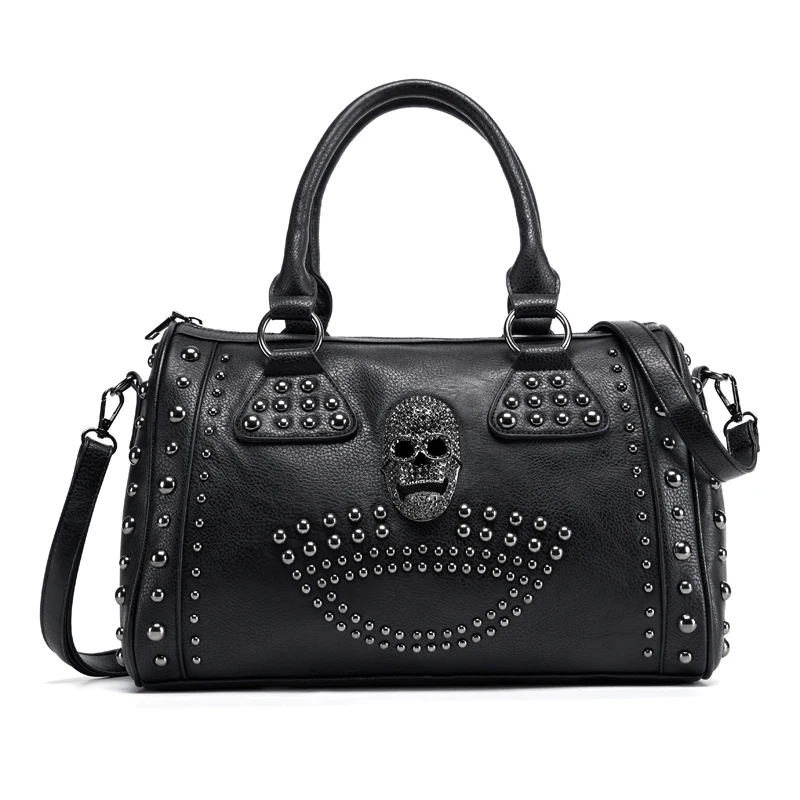 

2023 New Women's Bag Trend High Capacity Boston Bag Black Skeleton Handbag Luxury Pu Leather Handbag Rivet Crossbody Pur