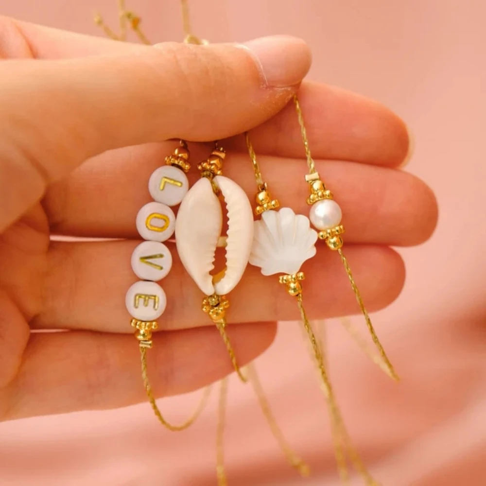 Простой женский браслет Vlen с натуральным жемчугом и ракушками надписью