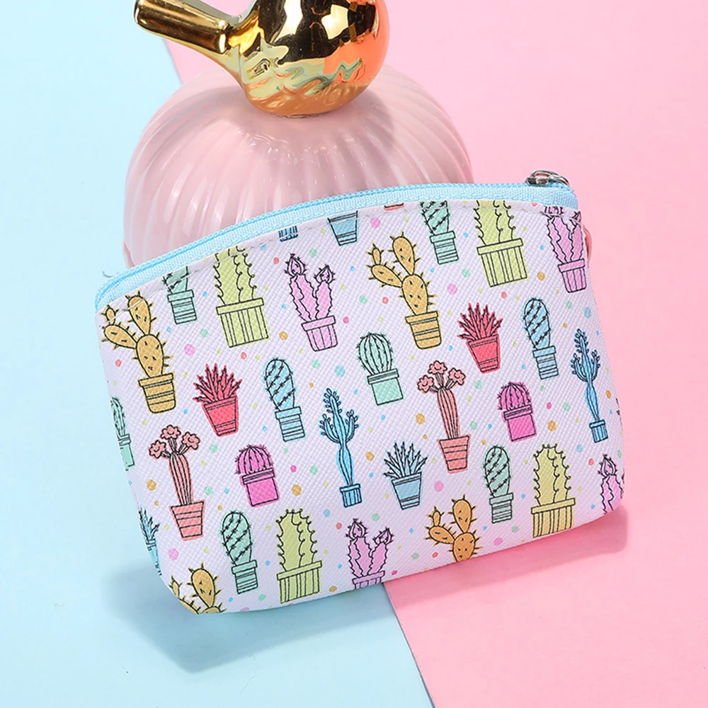 Hot 1PCS Women PU Zipper Small Coin Bags Cactus Printing Fresh Mini Coin Holder Purses Girl Children's Wallet Key Purse Pouch