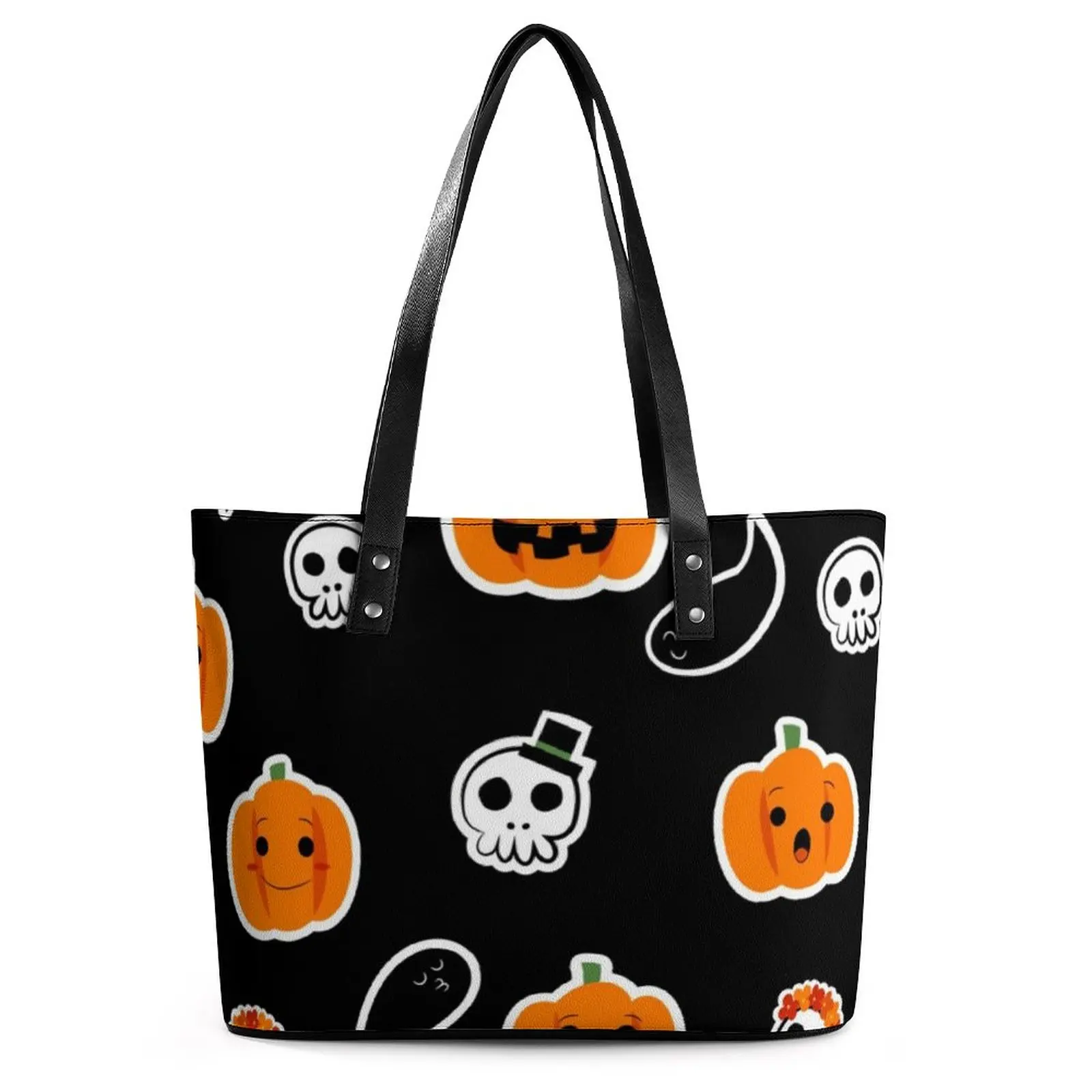 

Cute Ghost Print Handbags Halloween Pumpkins Pocket Tote Bag Streetwear PU Leather Shoulder Bag Women College Print Hand Bags