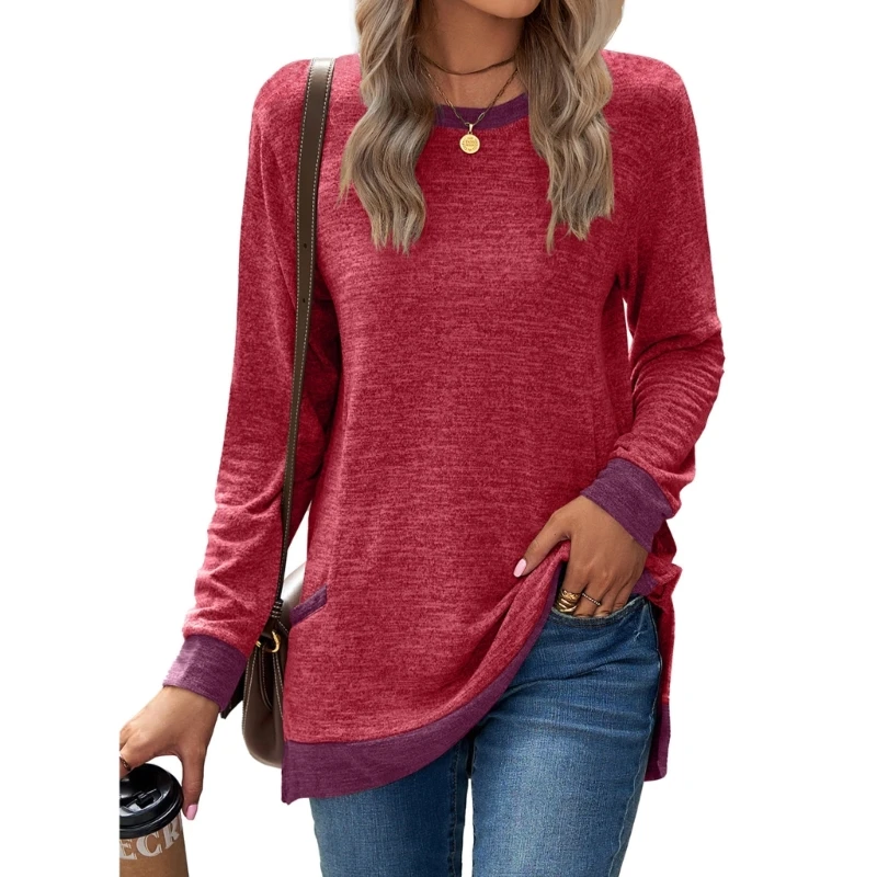 

Women Casual Long Sleeve Shirts Crewneck Pullover Tunic Top Autumn Colorblock Side Split Loose Sweatshirt Streetwear Y2k Clothe