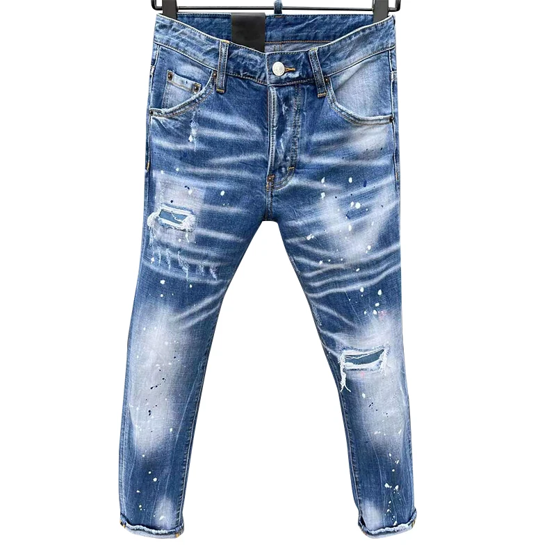 2023 new Starbags dsq four jeans men's strong water wash hole paint dot hip hop casual fit elastic model fashion men's pants