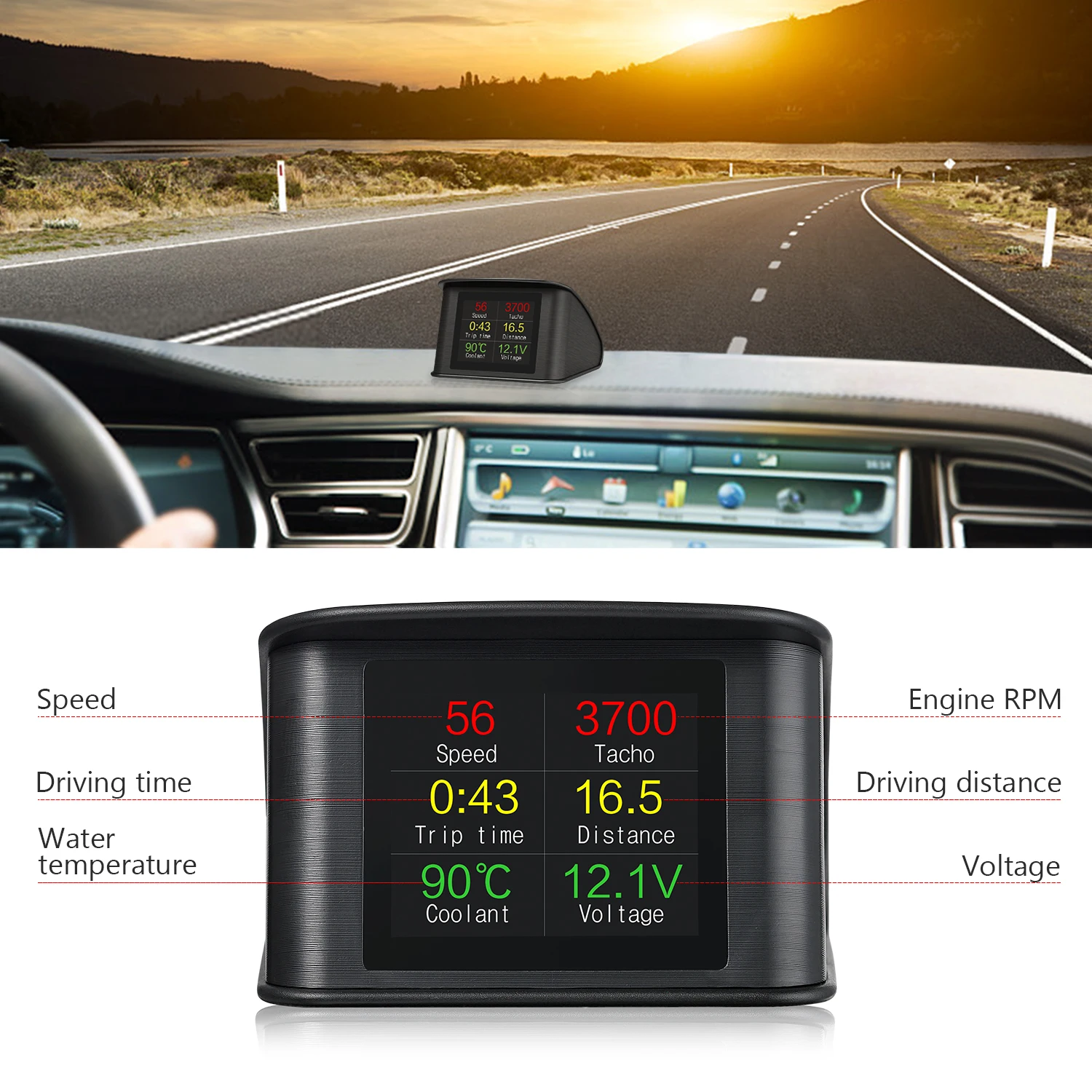 Фото Многофункциональный цифровой измеритель P10 OBD2 для бортового компьютера: напряжение, температура, давление масла, охлаждающая жидкость, 12В, USB HUD спидометр Y03 №3
