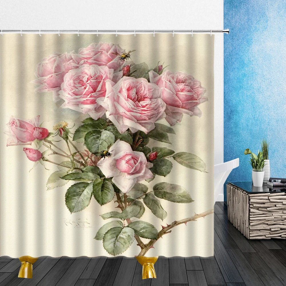 

Retro Pink Peony Floral Shower Curtain Watercolor Vintage Flower Rose Leaves Rustic Plants Print Fabric Bathroom Bath Curtains