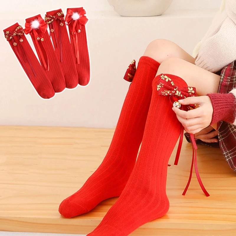 

Kids Girls New Year Red Knee High Socks with Cute Ribbon Bowknot Bell Stockings