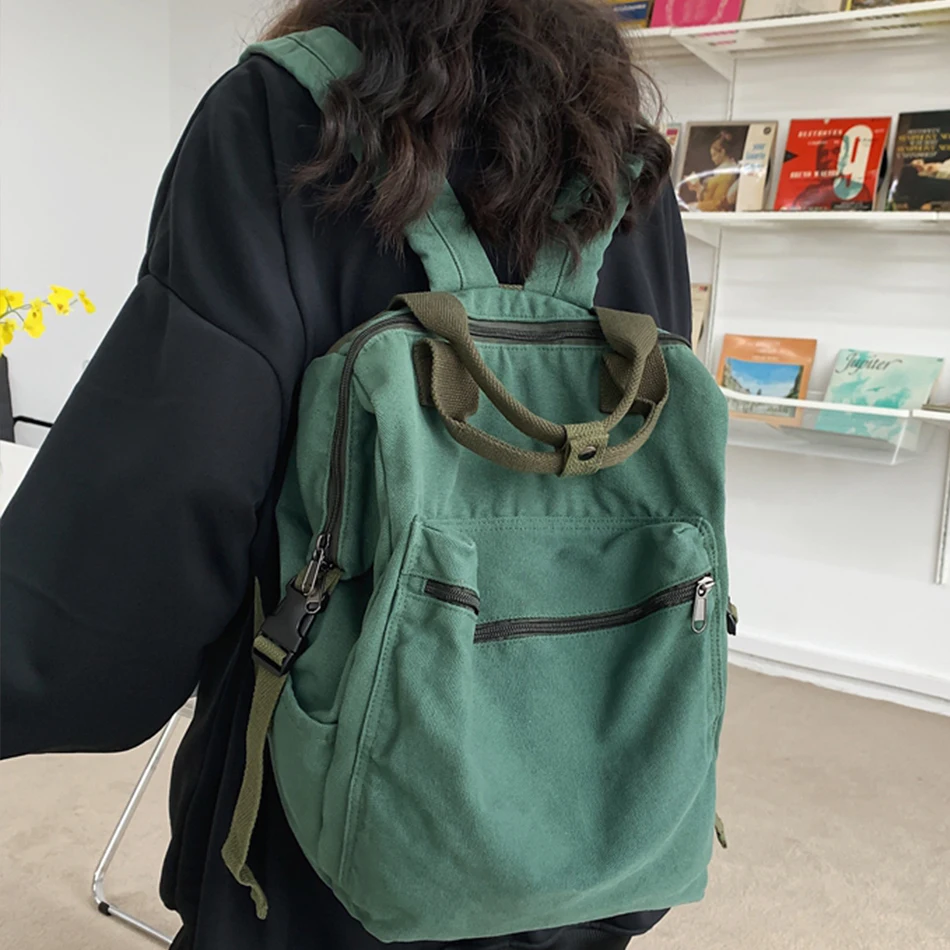 New Solid Color Women Canvas Backpack Vintage School Bag for Teenage Girl 2022 Outdoor Travel Handbag Purses Book Bag Rucksack