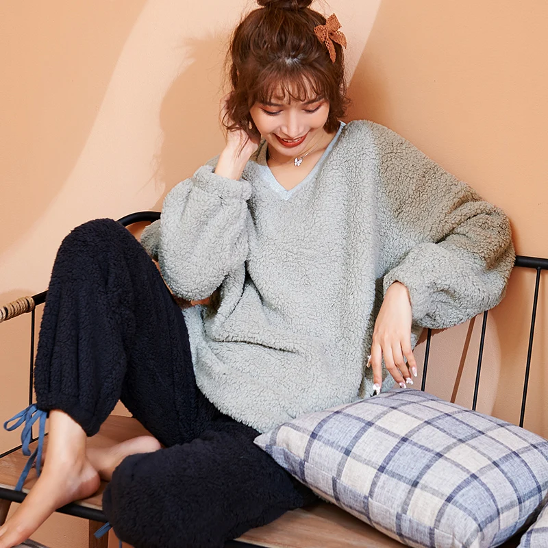 

Women's Winter Pajamas Set Solid Sleepwear Coral Fleece Homewear Thick Warm Velvet Female Suit Fall Sweatshirt