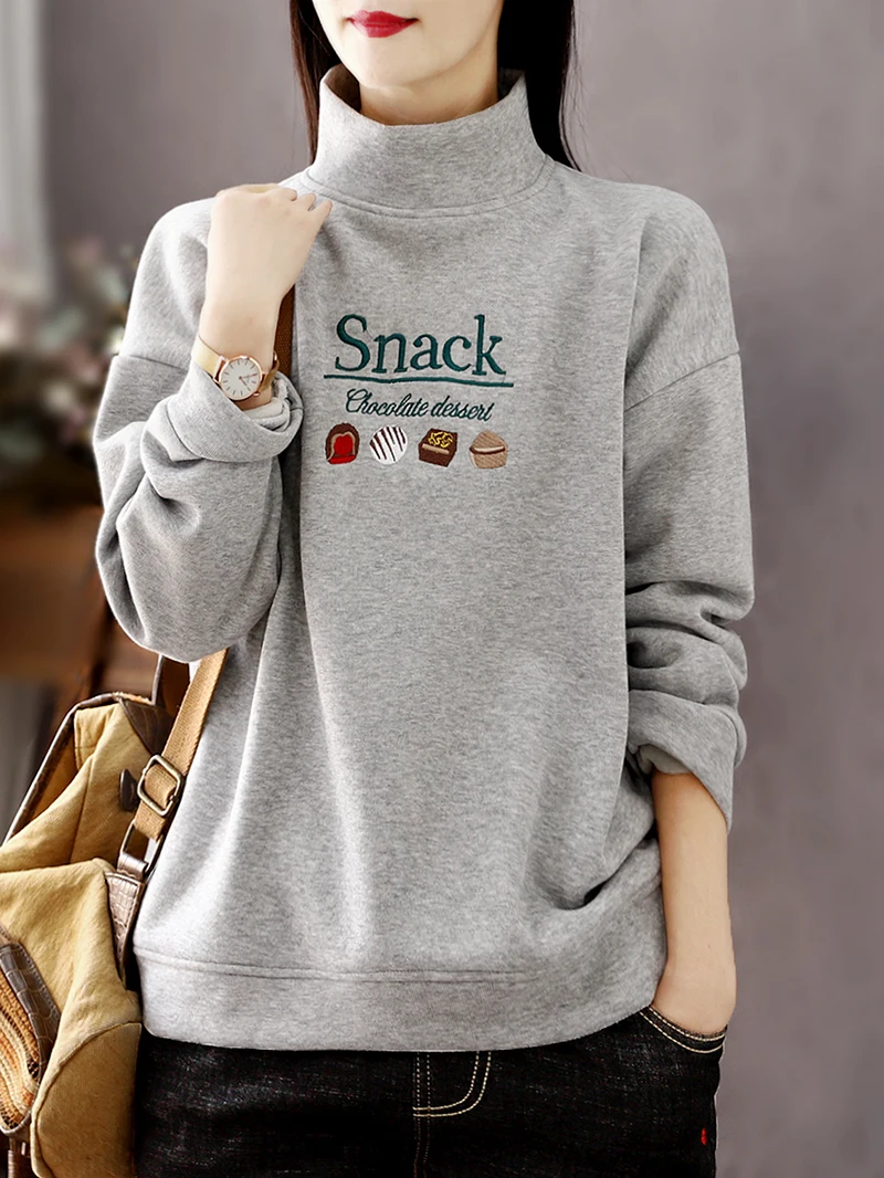 2022 Winter Women's Plush Thickened Sweater Women's Embroidery High Neck Long Sleeve Loose Top Undercoat