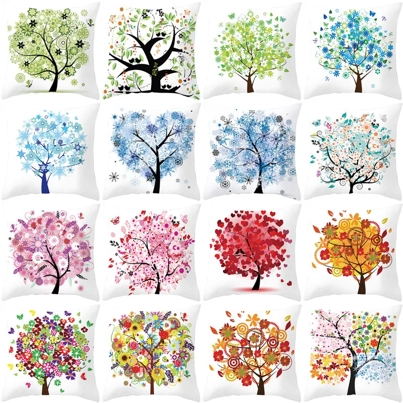 

Spring Colorful Tree Printing Cushion Cover Colorful Tree Polyester Decorative Pillowcase Throw Pillow Case For Sofa almohada