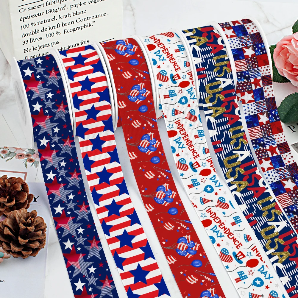 

Holiday USA 4th July Day Printed Grosgrain Satin Ribbon for Gift Wrapping Hair Bow Craft Accessory 50 Yards